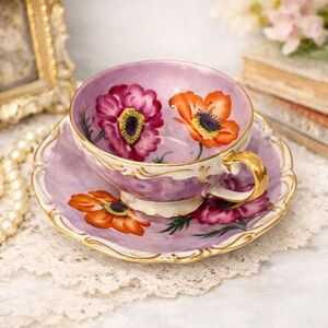 VTG SAJI Fancy China Anemone Coronaria Handpainted Tea Cup Saucer Occupied Japan